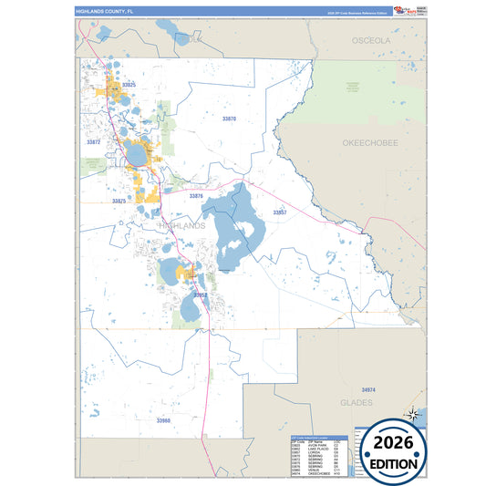 Highlands County, FL Business Reference 5 Digit ZIP Code Wall Map