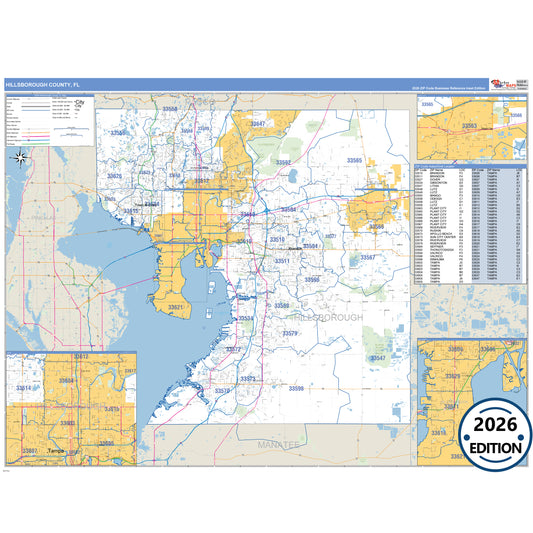 Hillsborough County, FL Business Reference 5 Digit ZIP Code Wall Map