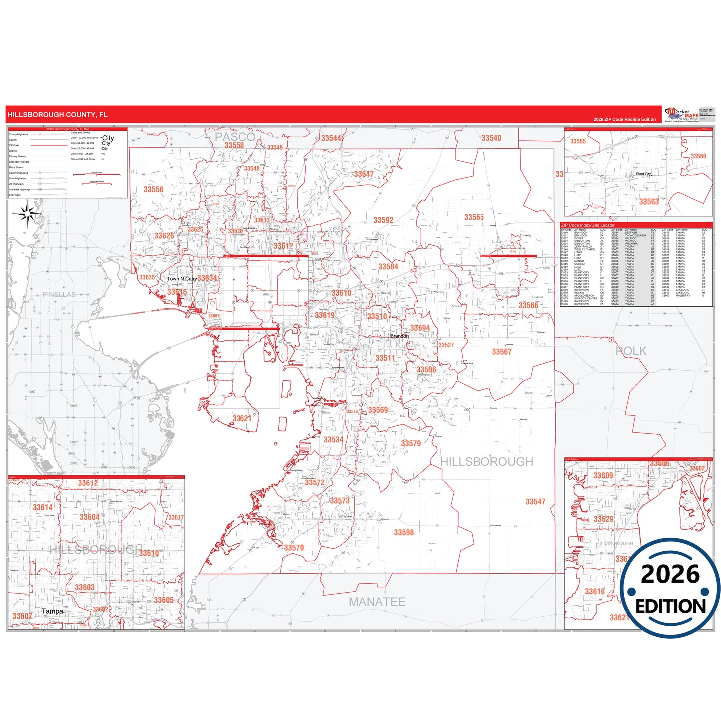 Hillsborough County, FL Red Line 5 Digit ZIP Code Wall Map
