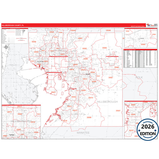 Hillsborough County, FL Red Line 5 Digit ZIP Code Wall Map