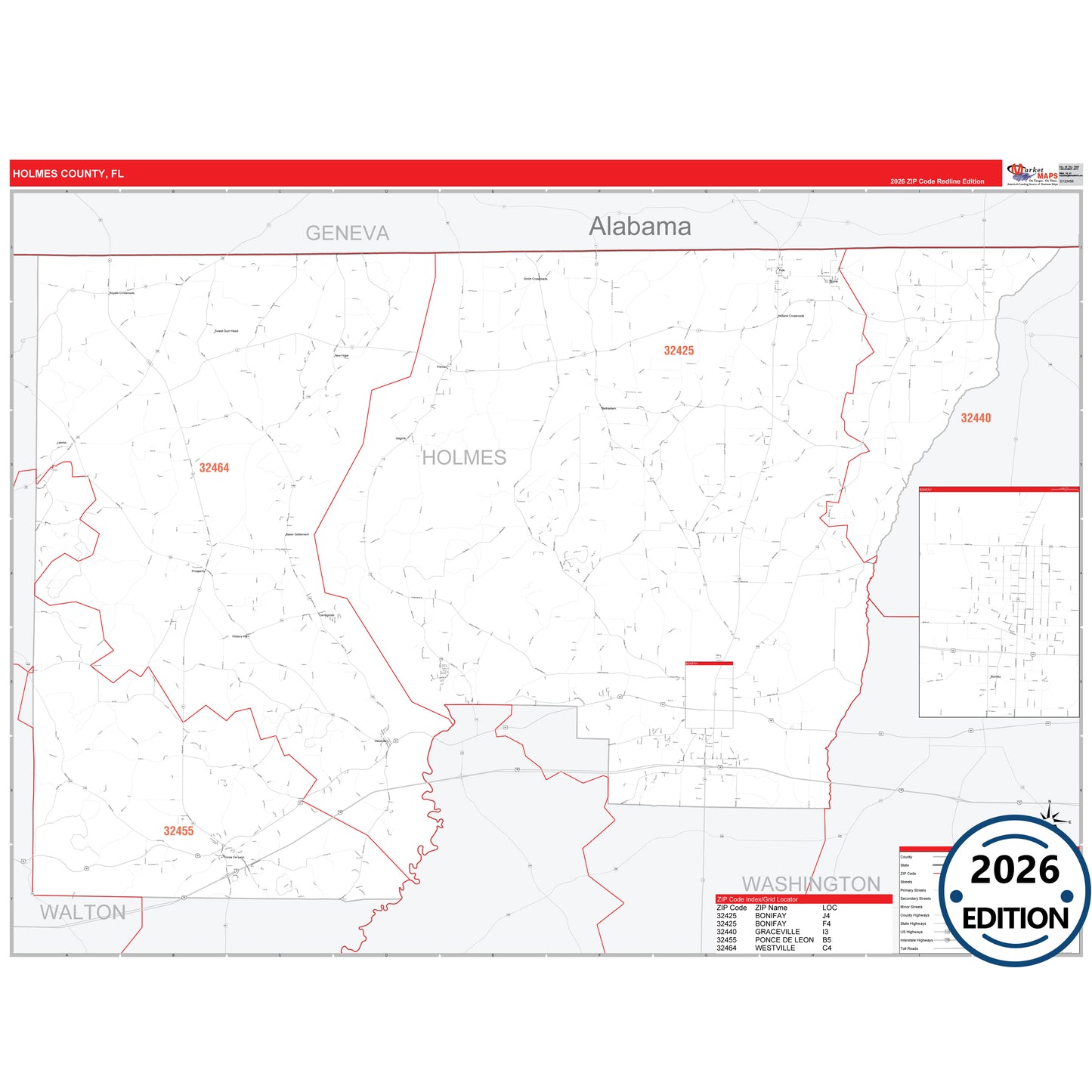 Holmes County, FL Red Line 5 Digit ZIP Code Wall Map