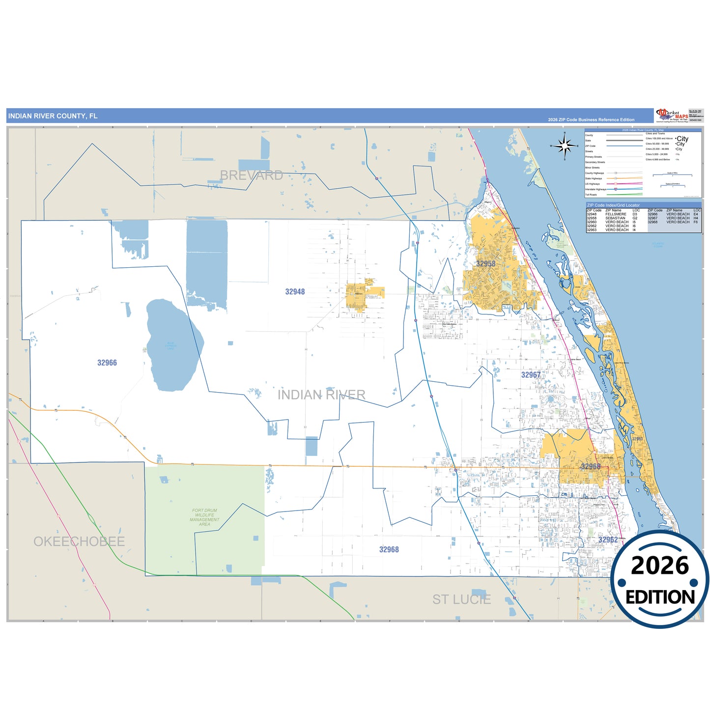 Indian River County, FL Business Reference 5 Digit ZIP Code Wall Map