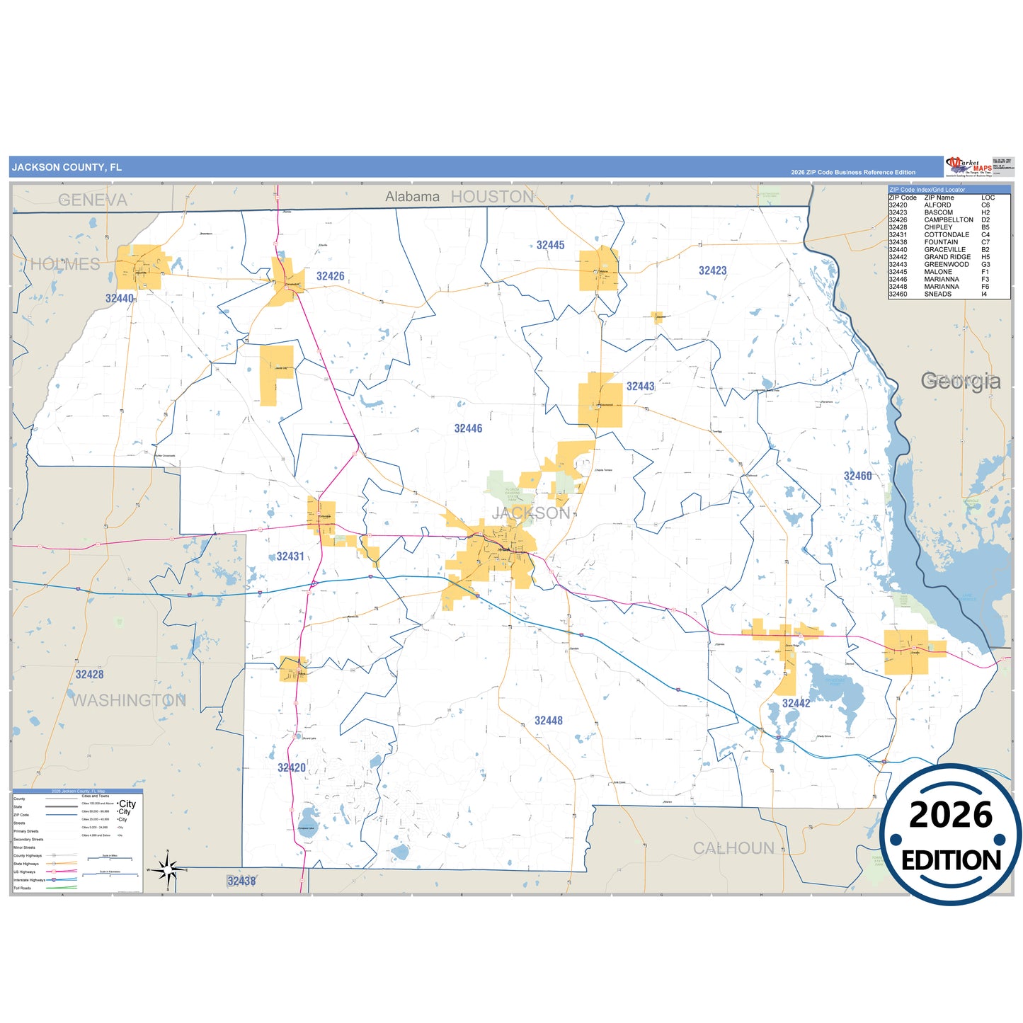 Jackson County, FL Business Reference 5 Digit ZIP Code Wall Map