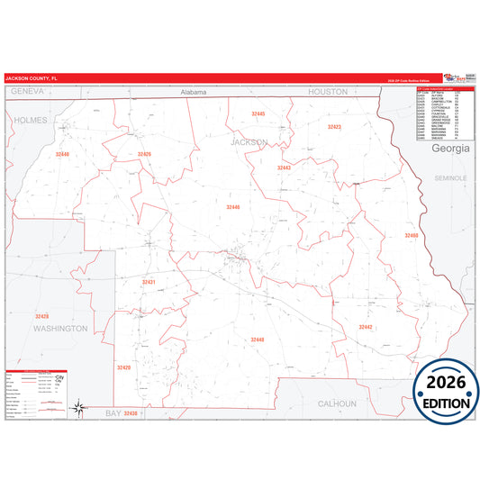 Jackson County, FL Red Line 5 Digit ZIP Code Wall Map