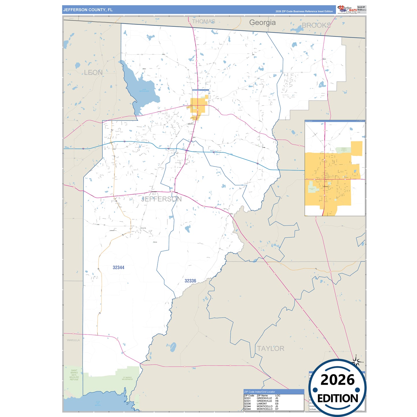 Jefferson County, FL Business Reference 5 Digit ZIP Code Wall Map