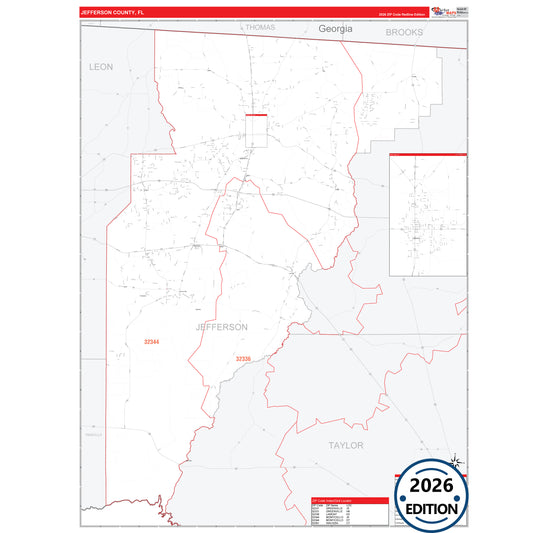 Jefferson County, FL Red Line 5 Digit ZIP Code Wall Map