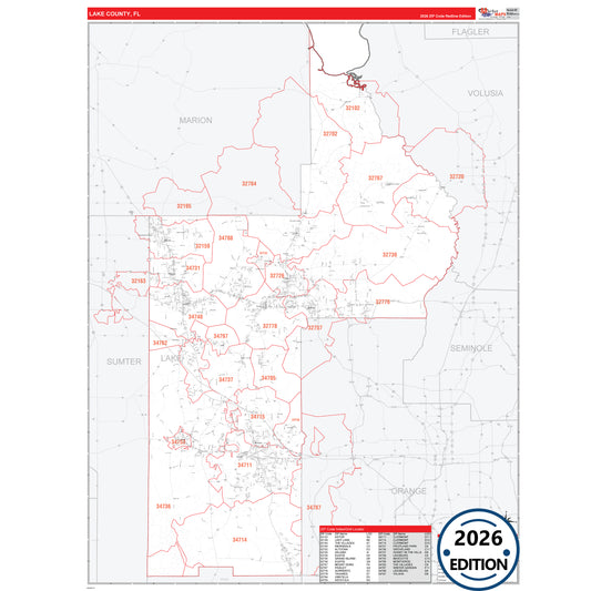 Lake County, FL Red Line 5 Digit ZIP Code Wall Map
