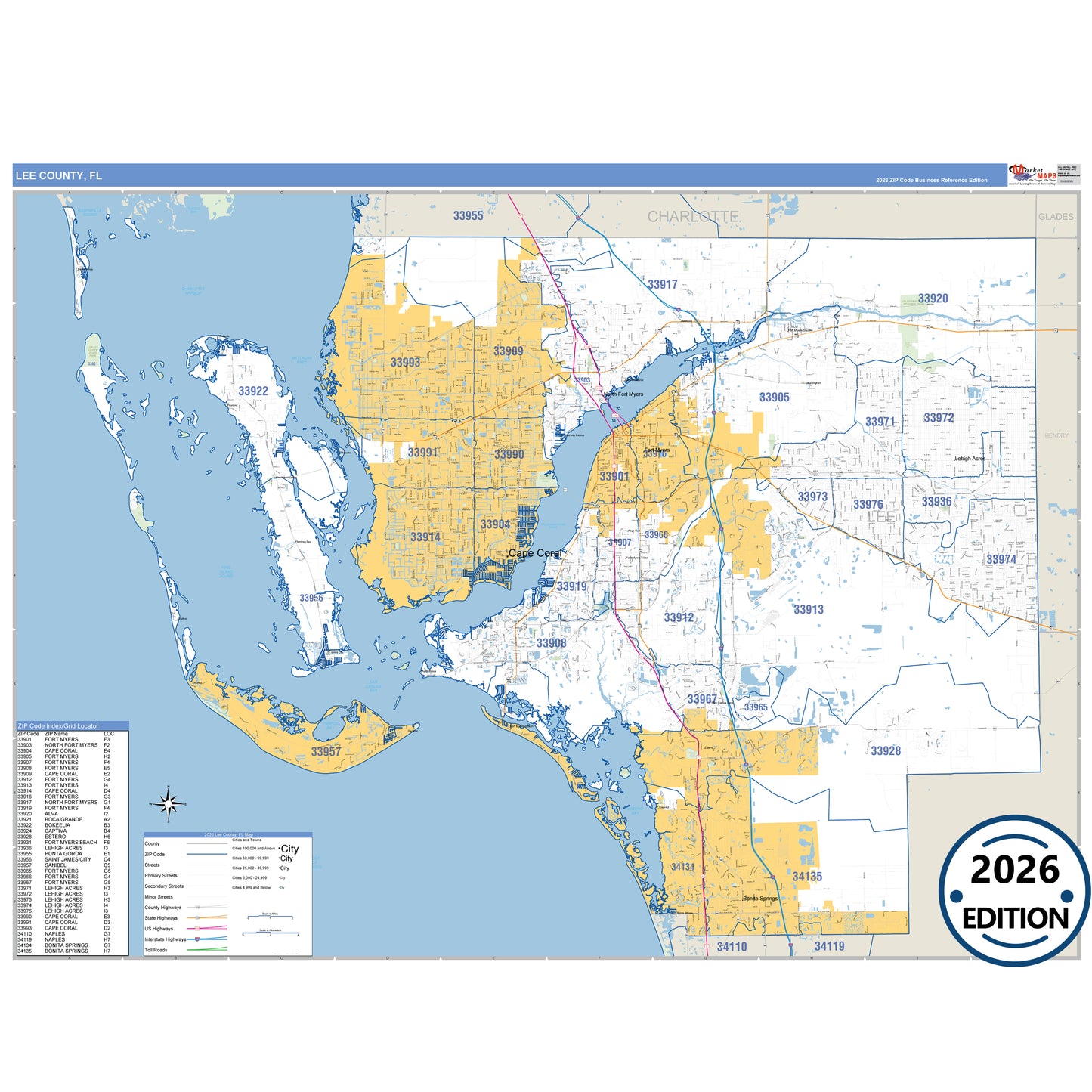 Lee County, FL Business Reference 5 Digit ZIP Code Wall Map