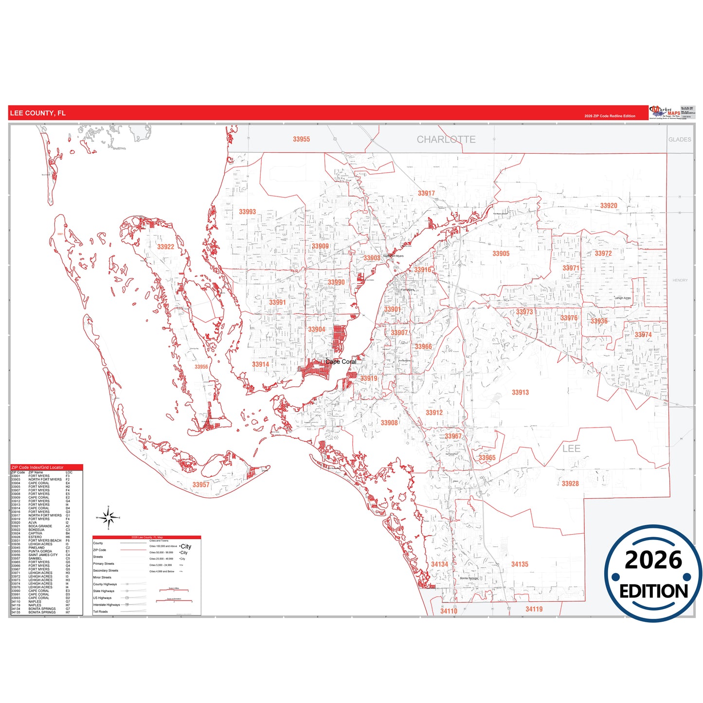Lee County, FL Red Line 5 Digit ZIP Code Wall Map