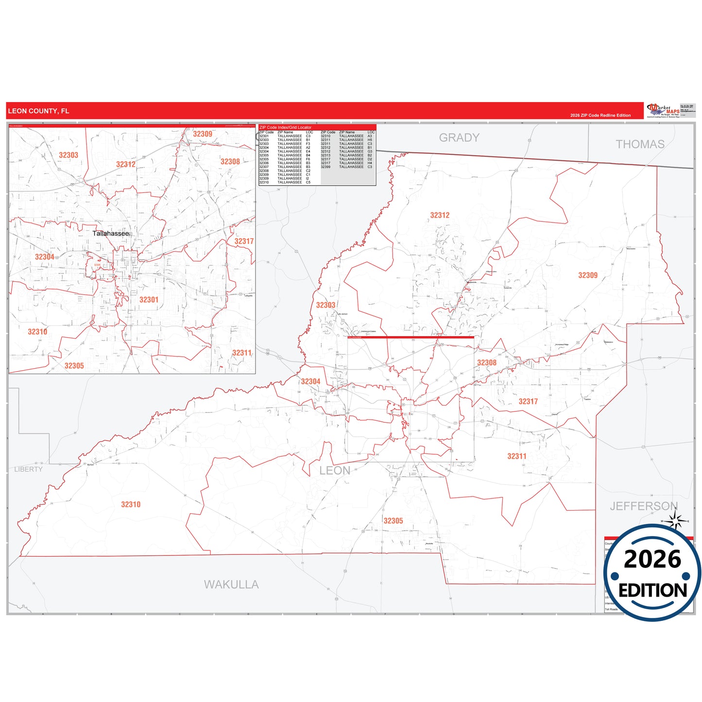Leon County, FL Red Line 5 Digit ZIP Code Wall Map