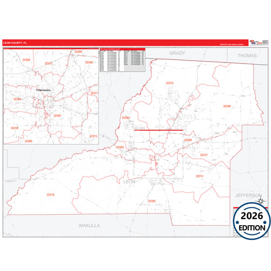 Leon County, FL Red Line 5 Digit ZIP Code Wall Map