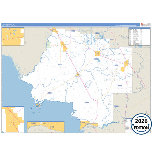 Levy County, FL Business Reference 5 Digit ZIP Code Wall Map