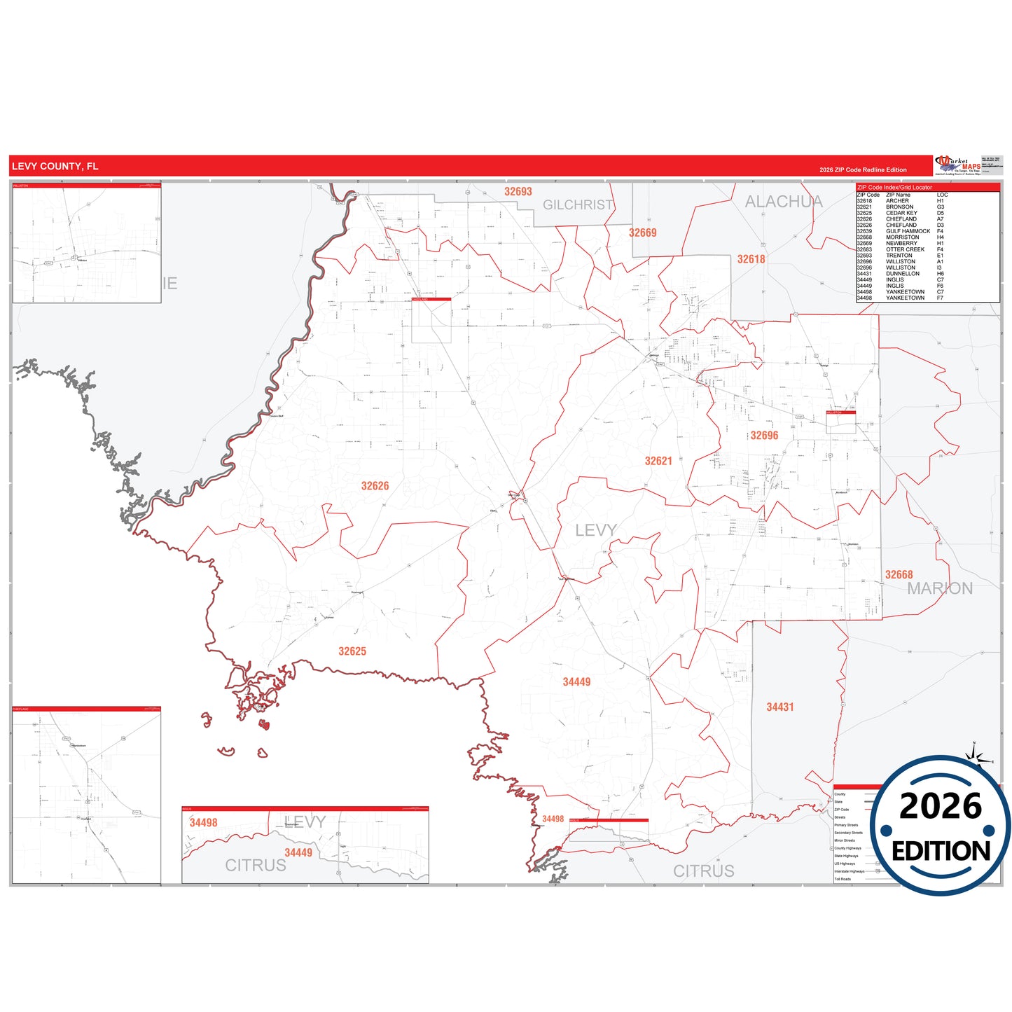 Levy County, FL Red Line 5 Digit ZIP Code Wall Map