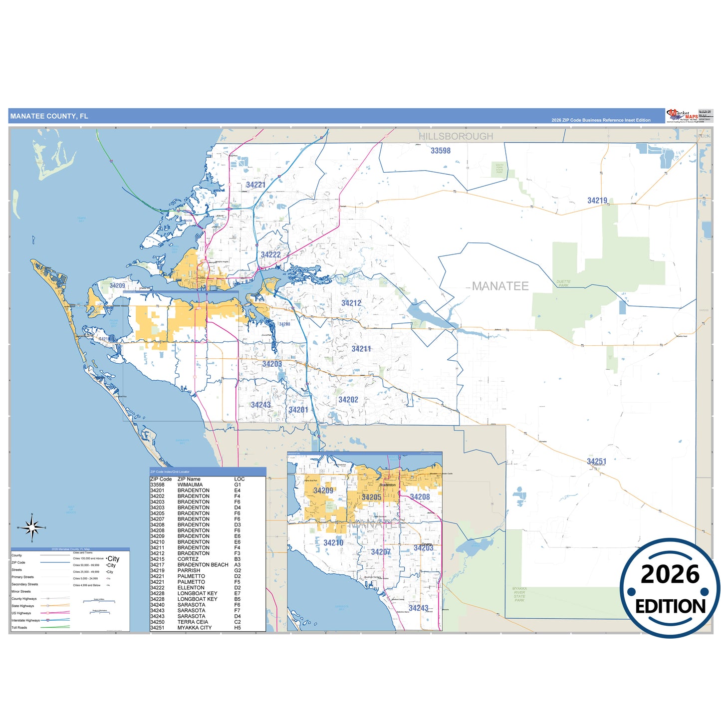 Manatee County, FL Business Reference 5 Digit ZIP Code Wall Map