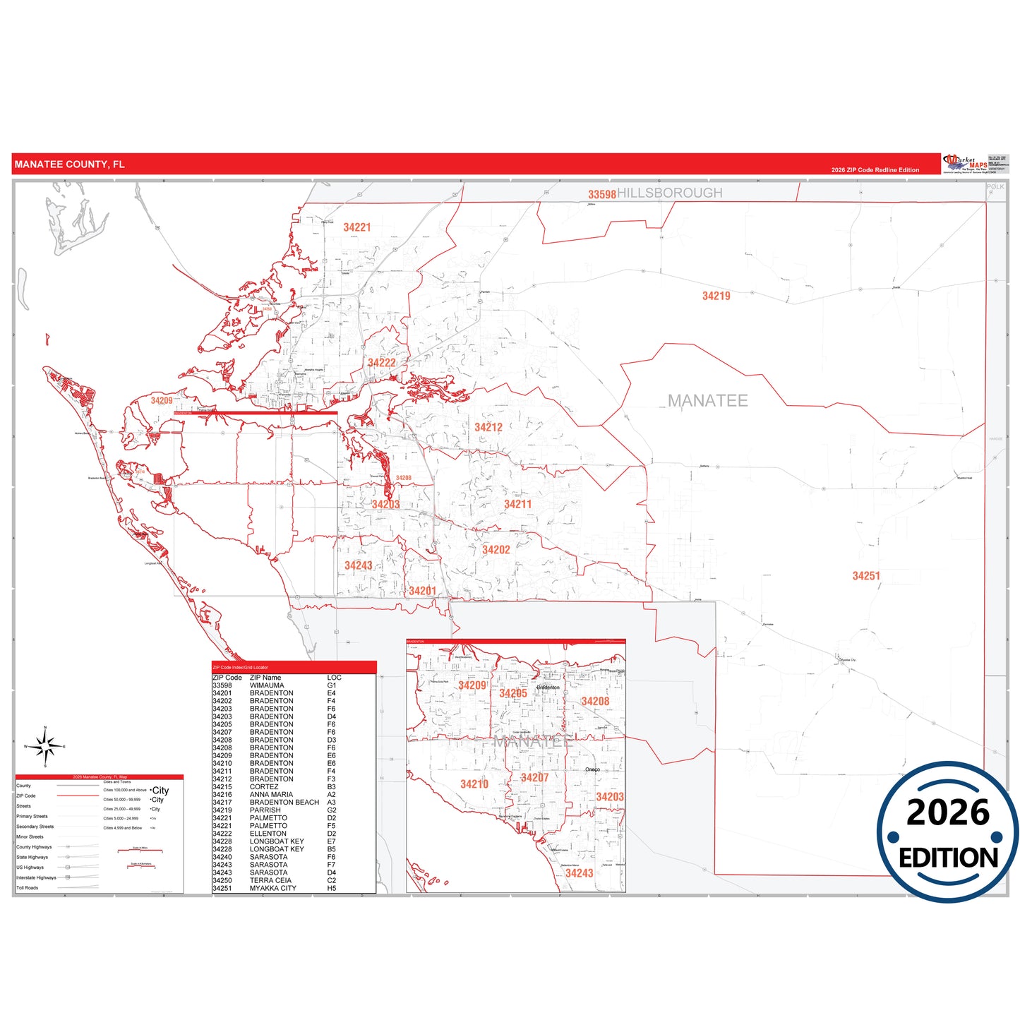 Manatee County, FL Red Line 5 Digit ZIP Code Wall Map