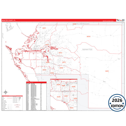 Manatee County, FL Red Line 5 Digit ZIP Code Wall Map