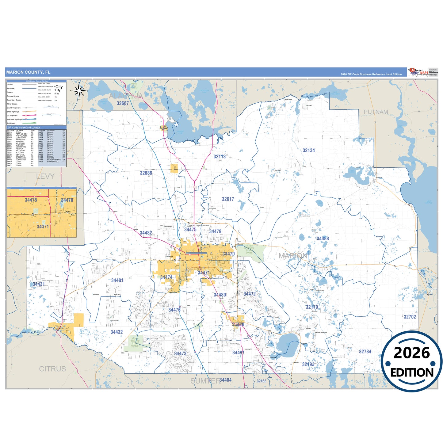 Marion County, FL Business Reference 5 Digit ZIP Code Wall Map