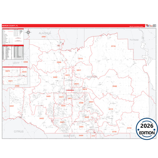 Marion County, FL Red Line 5 Digit ZIP Code Wall Map