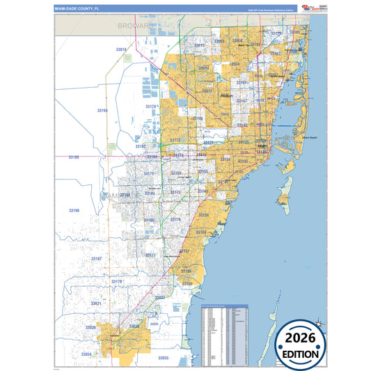 Miami-Dade County, FL Business Reference 5 Digit ZIP Code Wall Map