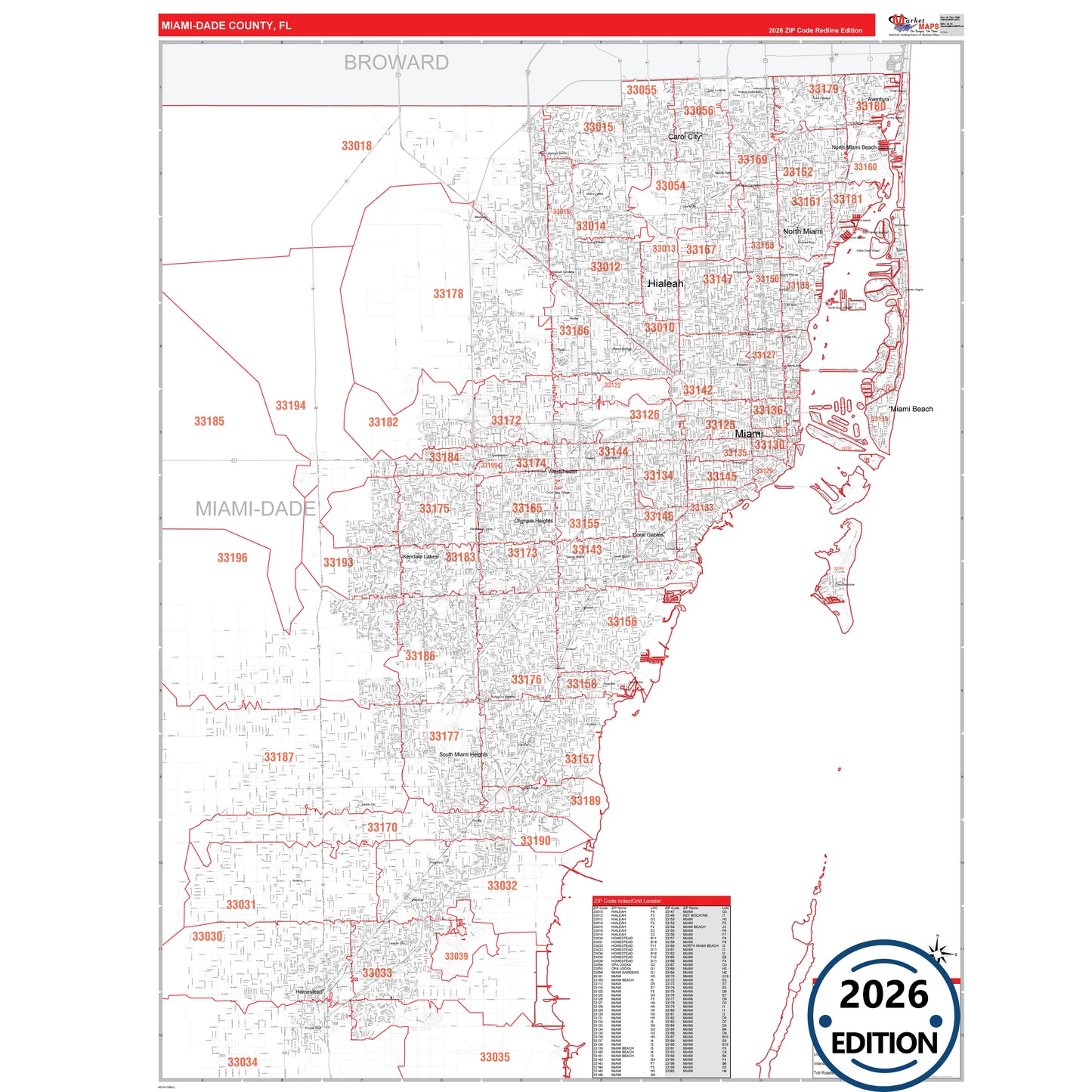 Miami-Dade County, FL Red Line 5 Digit ZIP Code Wall Map