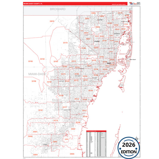 Miami-Dade County, FL Red Line 5 Digit ZIP Code Wall Map