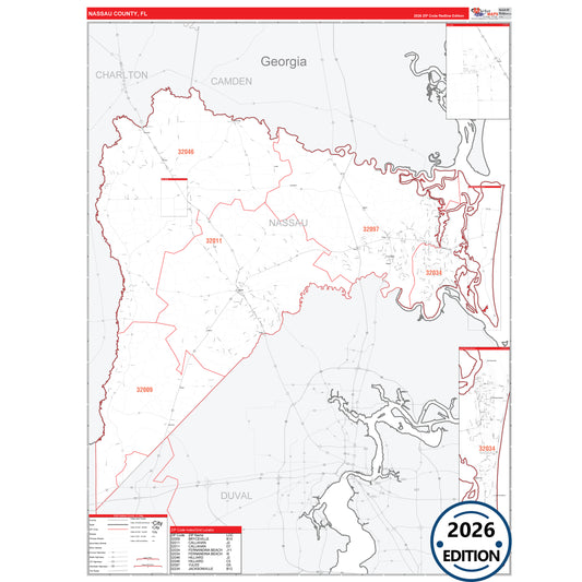 Nassau County, FL Red Line 5 Digit ZIP Code Wall Map