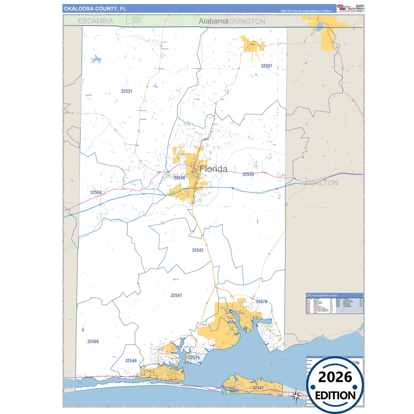 Okaloosa County, FL Business Reference 5 Digit ZIP Code Wall Map