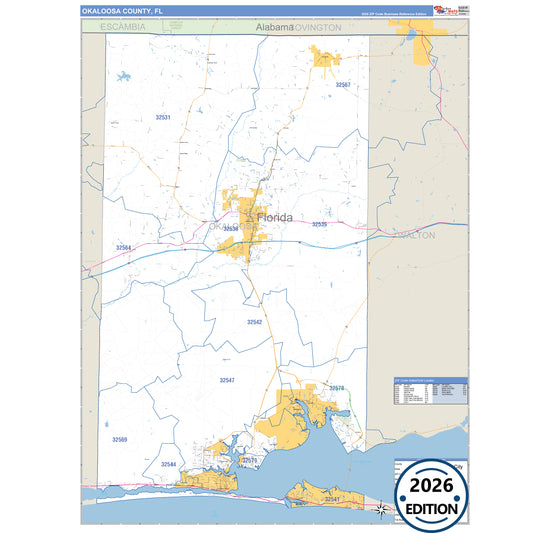 Okaloosa County, FL Business Reference 5 Digit ZIP Code Wall Map