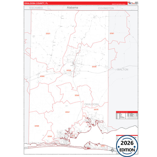 Okaloosa County, FL Red Line 5 Digit ZIP Code Wall Map
