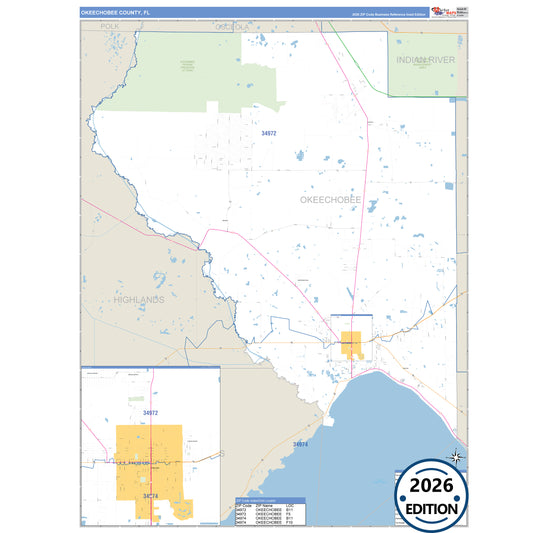 Okeechobee County, FL Business Reference 5 Digit ZIP Code Wall Map