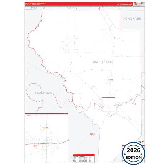 Okeechobee County, FL Red Line 5 Digit ZIP Code Wall Map