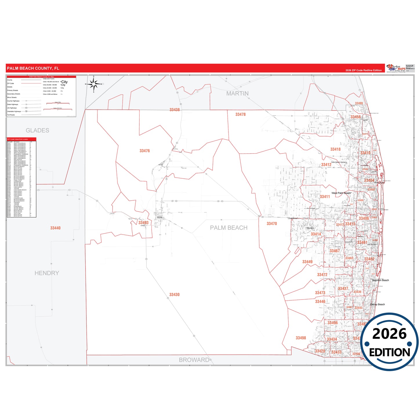 Palm Beach County, FL Red Line 5 Digit ZIP Code Wall Map