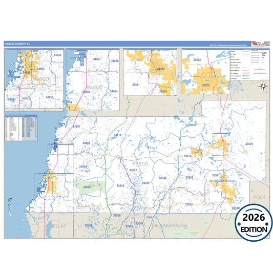 Pasco County, FL Business Reference 5 Digit ZIP Code Wall Map