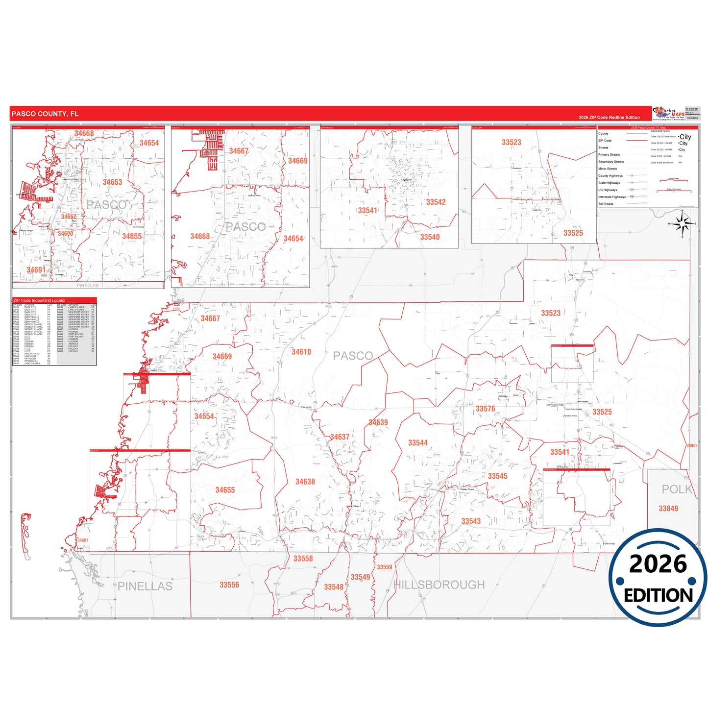 Pasco County, FL Red Line 5 Digit ZIP Code Wall Map