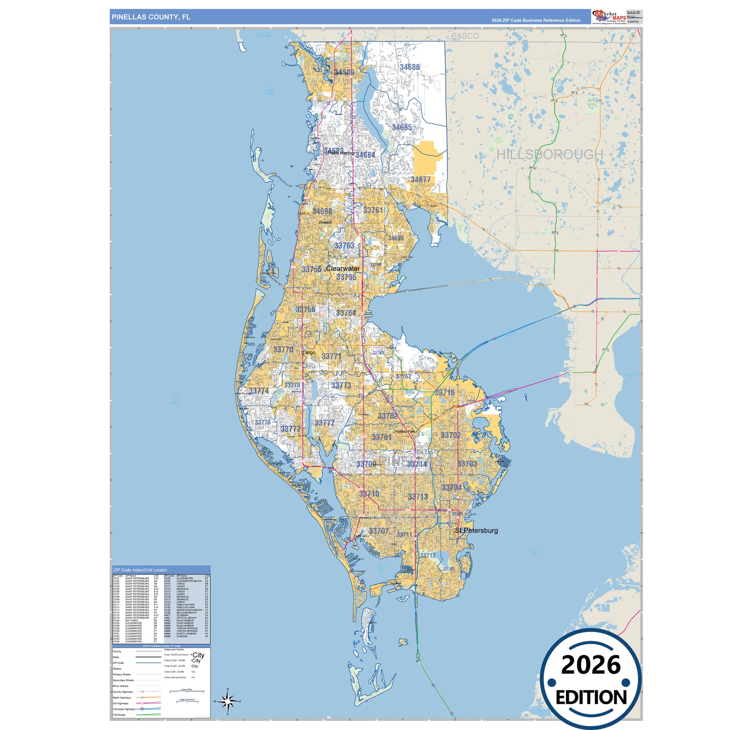 Pinellas County, FL Business Reference 5 Digit ZIP Code Wall Map