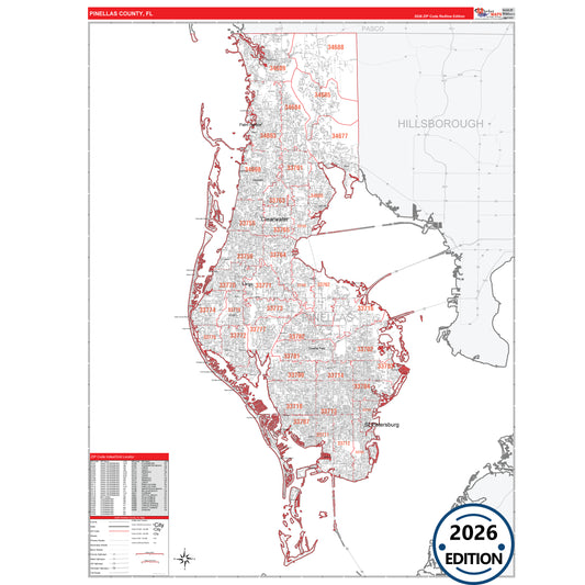 Pinellas County, FL Red Line 5 Digit ZIP Code Wall Map