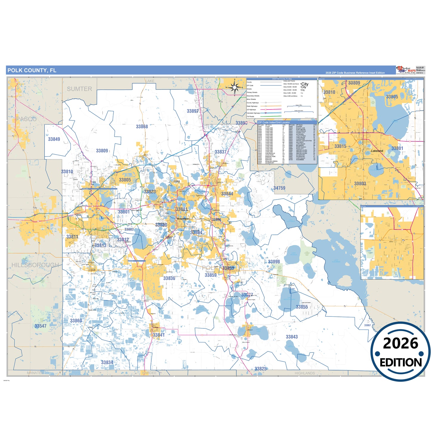 Polk County, FL Business Reference 5 Digit ZIP Code Wall Map