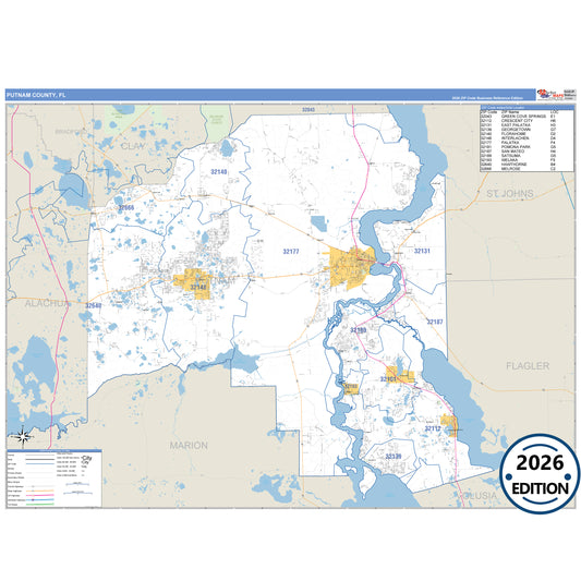 Putnam County, FL Business Reference 5 Digit ZIP Code Wall Map