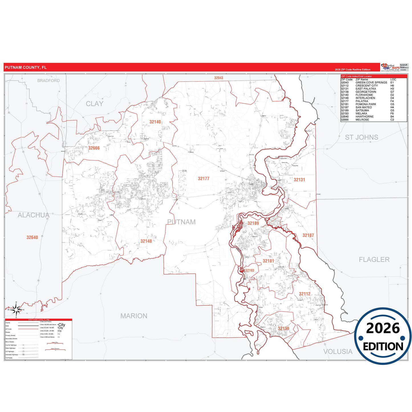 Putnam County, FL Red Line 5 Digit ZIP Code Wall Map