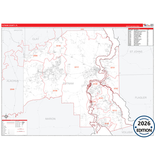 Putnam County, FL Red Line 5 Digit ZIP Code Wall Map