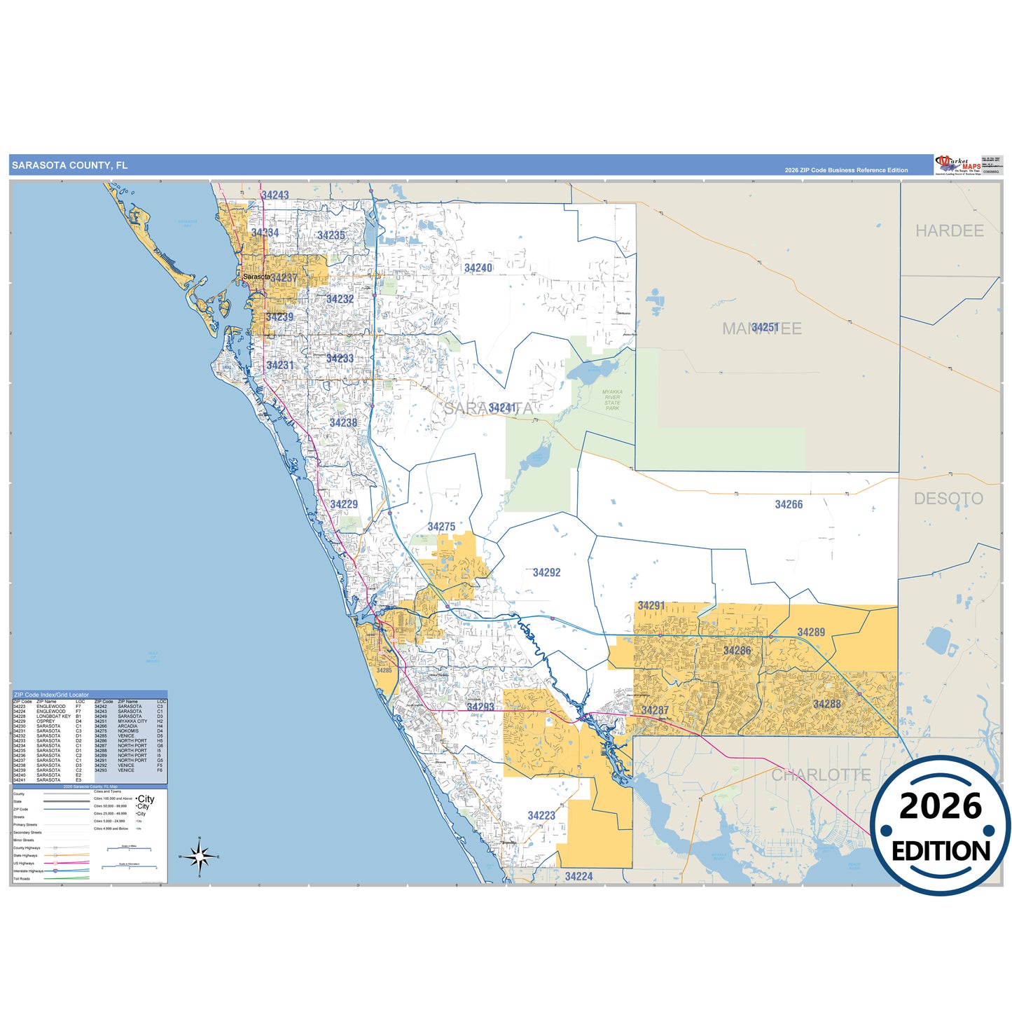 Sarasota County, FL Business Reference 5 Digit ZIP Code Wall Map