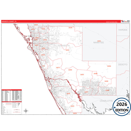 Sarasota County, FL Red Line 5 Digit ZIP Code Wall Map