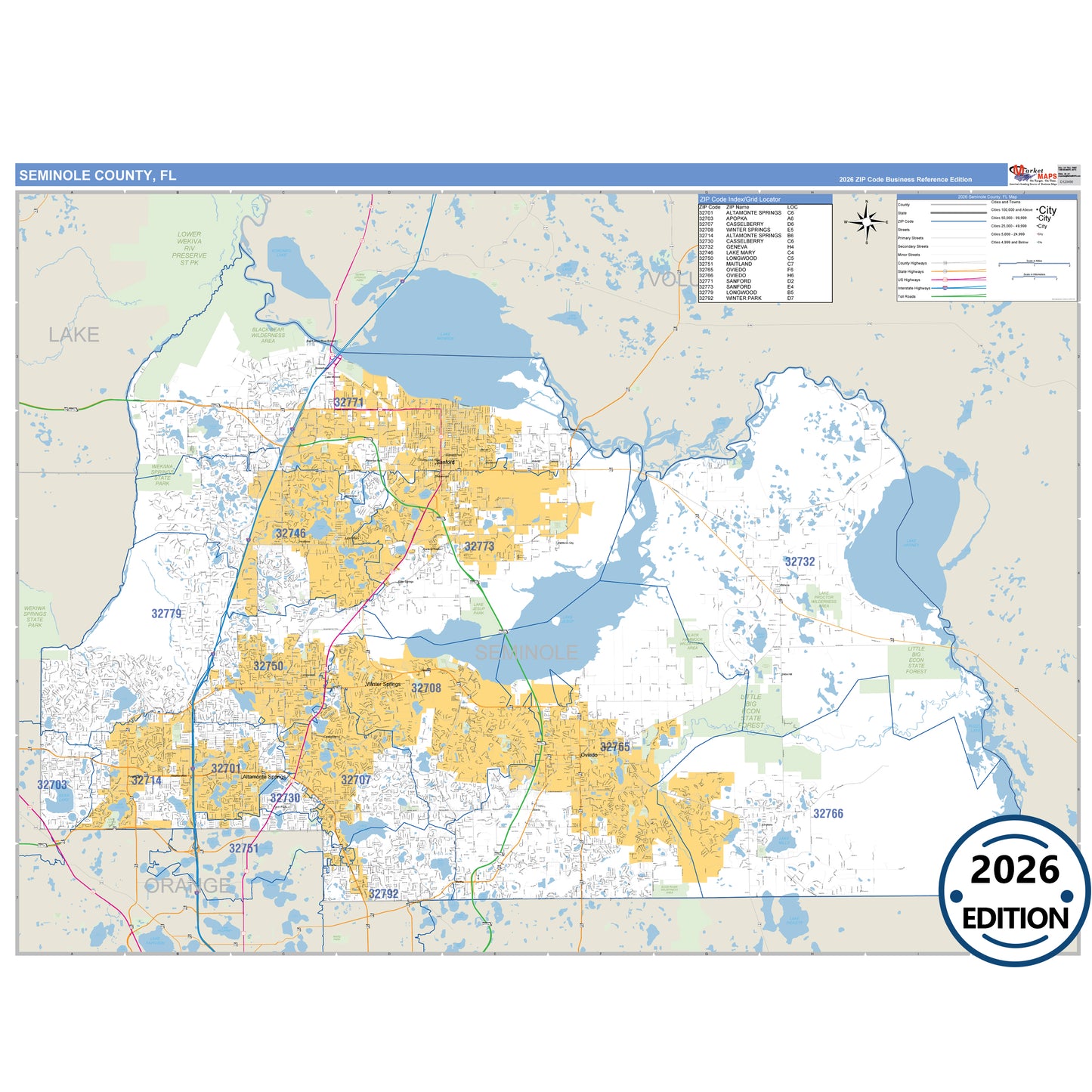 Seminole County, FL Business Reference 5 Digit ZIP Code Wall Map