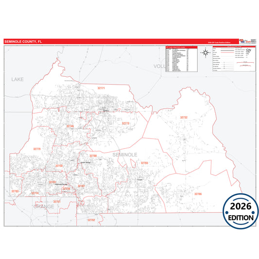 Seminole County, FL Red Line 5 Digit ZIP Code Wall Map