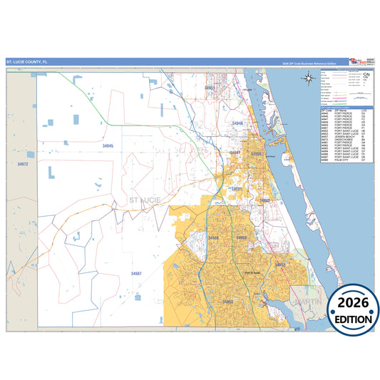 St. Lucie County, FL Business Reference 5 Digit ZIP Code Wall Map