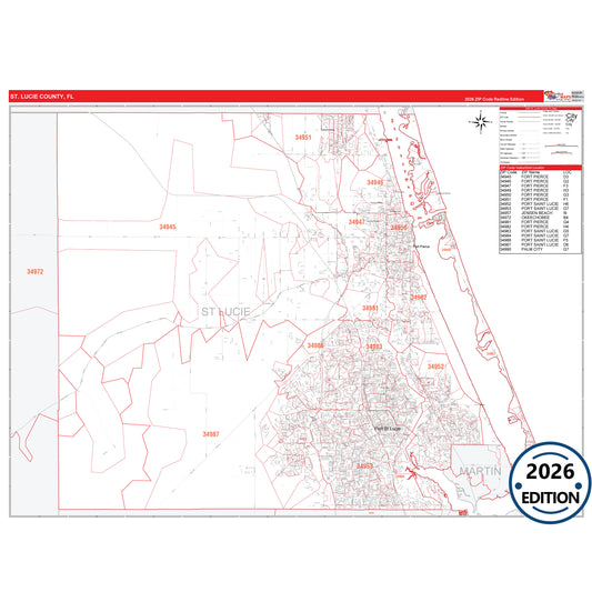 St. Lucie County, FL Red Line 5 Digit ZIP Code Wall Map