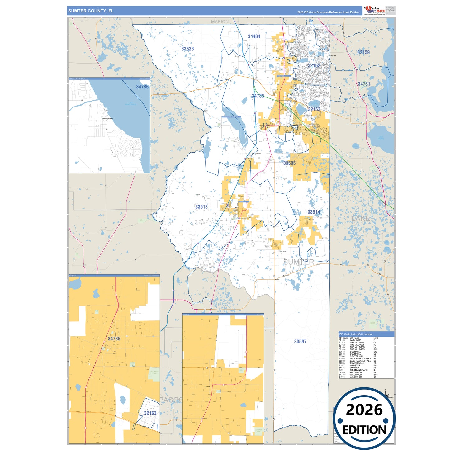 Sumter County, FL Business Reference 5 Digit ZIP Code Wall Map