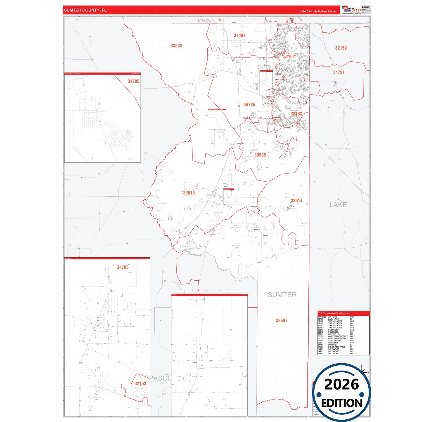 Sumter County, FL Red Line 5 Digit ZIP Code Wall Map