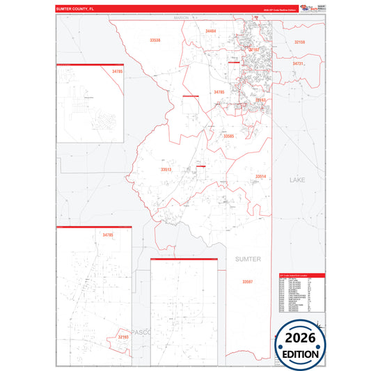 Sumter County, FL Red Line 5 Digit ZIP Code Wall Map