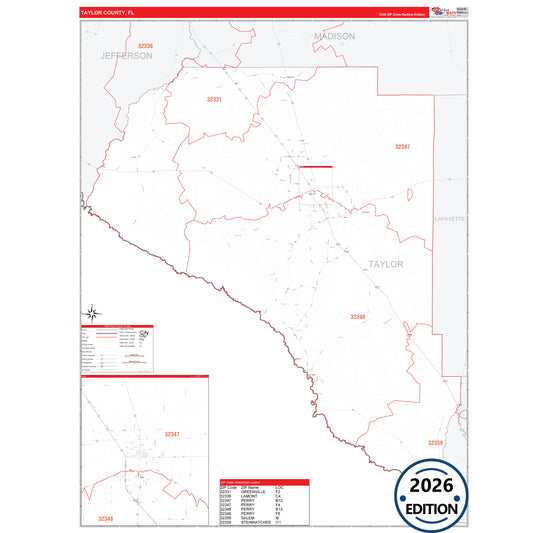 Taylor County, FL Red Line 5 Digit ZIP Code Wall Map